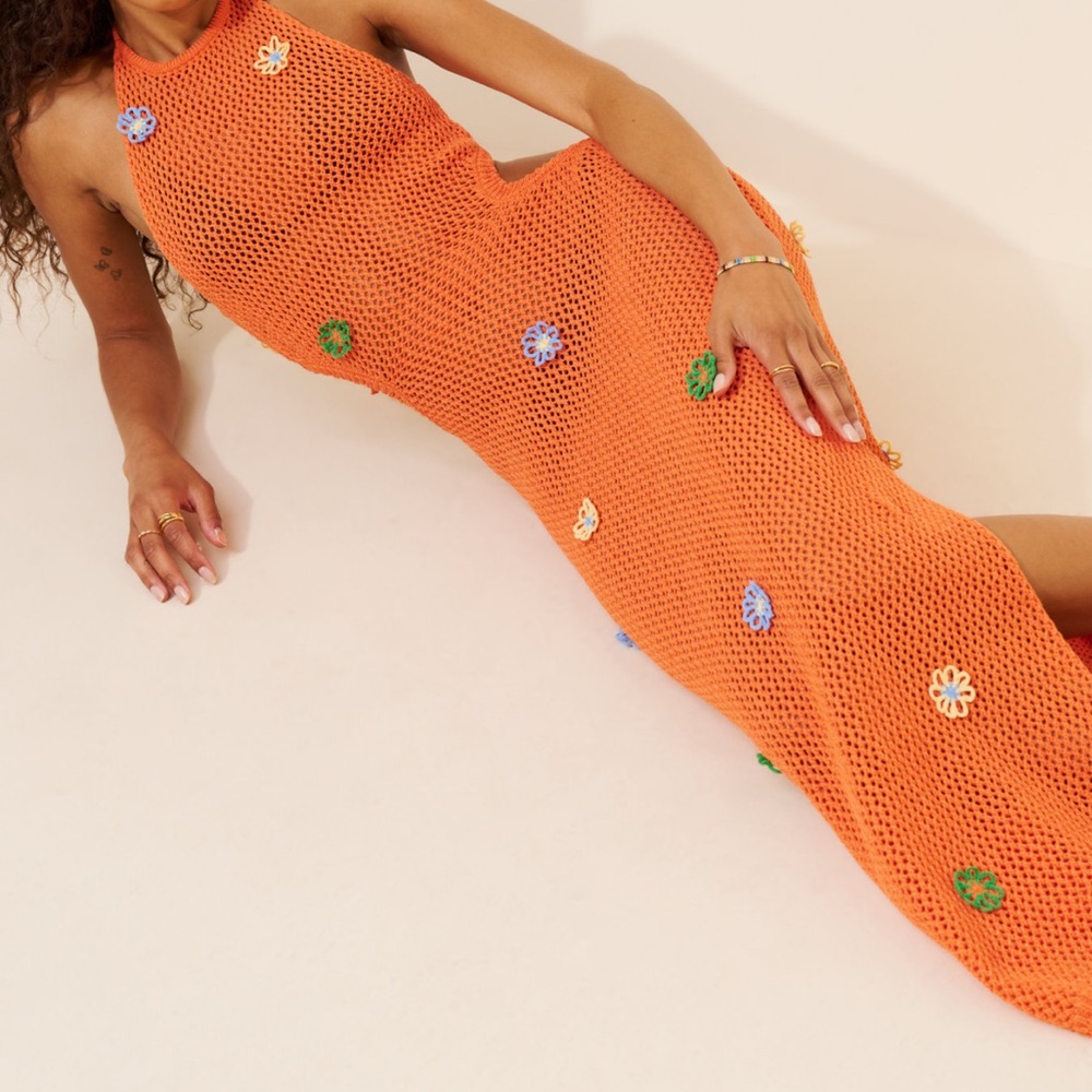 Anthropologie Celandine Crochet Halter Cover-Up Dress Orange Flowers SMALL NEW - Picture 2 of 8